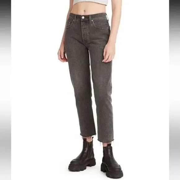 Levi’s 501 High Rise Raw Hem Straight Leg Cropped Jeans in Get Off My Cloud - Picture 1 of 15